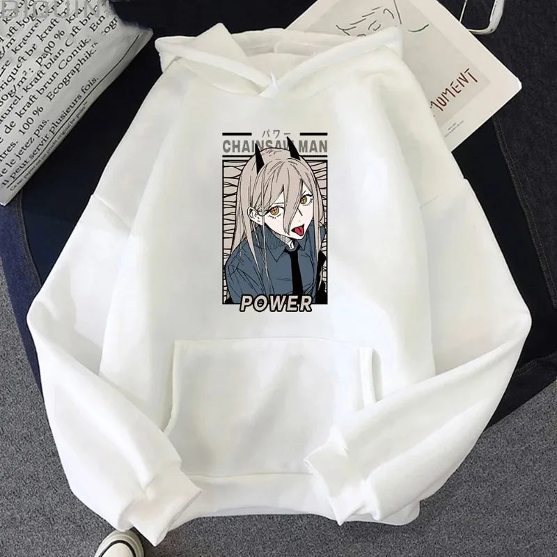 Sudadera con capucha de mujer con estampado kawaii de Power de Chainsaw Man. Esta sudadera Harajuku es ideal para el otoño y ofrece un estilo casual. Perfecto para fanáticos del anime que buscan ropa acogedora y moderna.