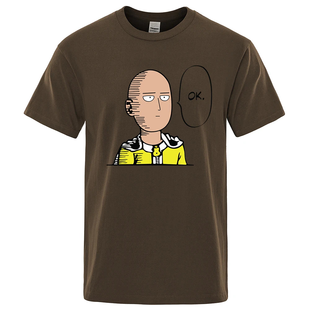 Camiseta extragrande de One Punch Man | Camiseta de algodón suave con estampado "OK" de One Punch Man. Diseño casual hip-hop, perfecto para el verano. Genial para los fanáticos del anime