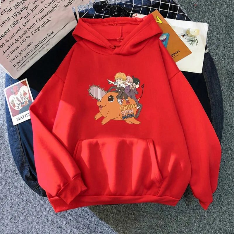 Sudadera casual con capucha para hombre y mujer, con estampado de Denji y Pochita de Chainsaw Man. Este moderno suéter Harajuku es perfecto para los fanáticos del anime y brinda comodidad y estilo para el uso diario.