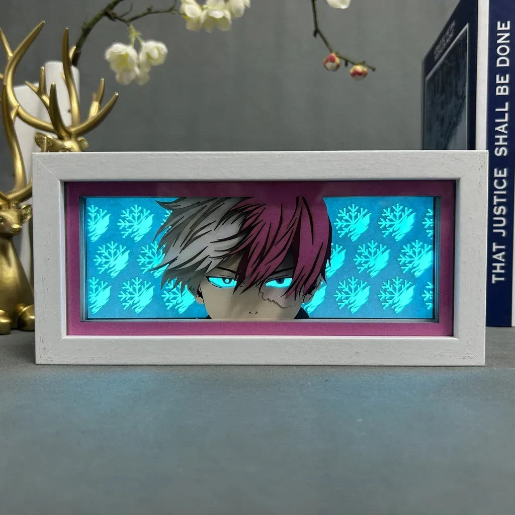 MY HERO ACADEMIA Marco de luz LED 3D que representa a Shoto Todoroki, recorte de papel, perfecto para decoración de habitaciones o como regalo de cumpleaños para fanáticos del anime