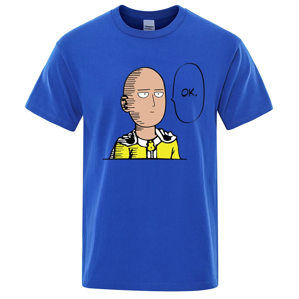 Camiseta extragrande de One Punch Man | Camiseta de algodón suave con estampado "OK" de One Punch Man. Diseño casual hip-hop, perfecto para el verano. Genial para los fanáticos del anime