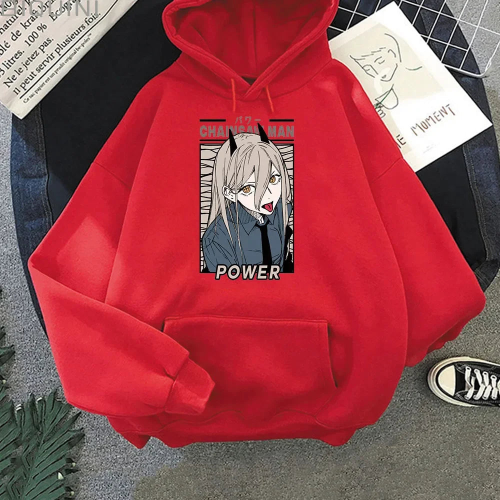 Sudadera con capucha de mujer con estampado kawaii de Power de Chainsaw Man. Esta sudadera Harajuku es ideal para el otoño y ofrece un estilo casual. Perfecto para fanáticos del anime que buscan ropa acogedora y moderna.