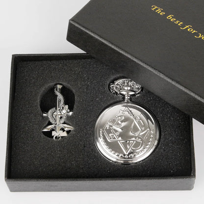Réplique haute qualité de la montre de poche Fullmetal Alchemist. Accessoire cosplay avec boîte, parfait pour les fans de l'anime