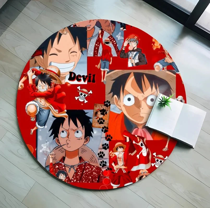 40cm Tapis rond en flanelle One Piece représentant Luffy, Chopper et Zoro. Conçu avec un fond antidérapant, il est parfait pour le salon, la cuisine ou la salle de bain