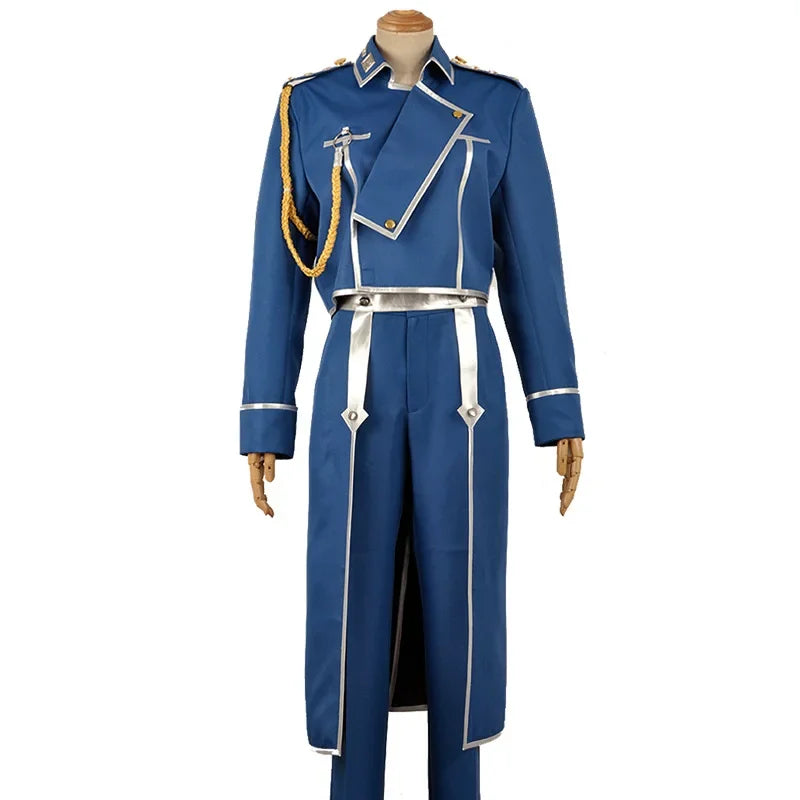 Uniforme militar completo de Roy Mustang con chaqueta, pantalón y delantal. Perfecto para cosplay o eventos.
