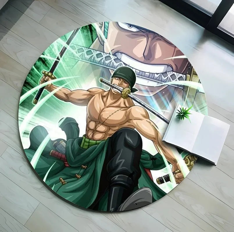 40cm Tapis rond en flanelle One Piece représentant Luffy, Chopper et Zoro. Conçu avec un fond antidérapant, il est parfait pour le salon, la cuisine ou la salle de bain