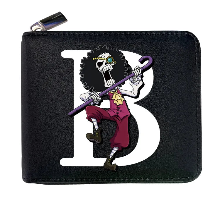 Cartera de cuero con cremallera de una pieza de 12 * 10 cm. Esta billetera de cuero presenta las iniciales de personajes icónicos de One Piece, combinando estilo y funcionalidad. 