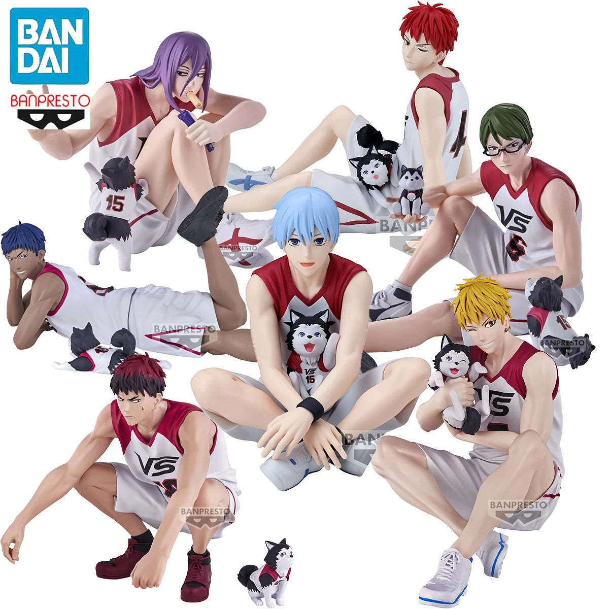 Figuras BANDAI BANPRESTO Kuroko's Basketball ÚLTIMO PARTIDO | Figuras de anime de Kuroko, Kagami, Aomine, Akashi, Murasakibara, Kise y Midorima en pose informal con el cachorro Kuro Junior. Ideal para aficionados y coleccionistas.