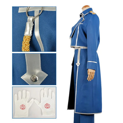 Uniforme militar completo de Roy Mustang con chaqueta, pantalón y delantal. Perfecto para cosplay o eventos.