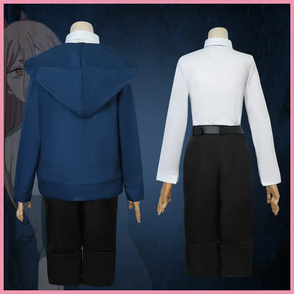 Costume Cosplay Power - Chainsaw Man | Comprend une perruque, une veste bleue, un pantalon, et des cornes pour recréer le look iconique de Power. Parfait pour Halloween, cosplay, ou événements thématiques pour femmes et filles fans de l'anime