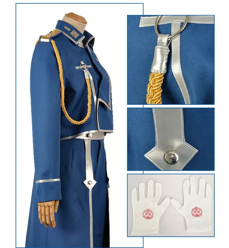 Uniforme militar completo de Roy Mustang con chaqueta, pantalón y delantal. Perfecto para cosplay o eventos.