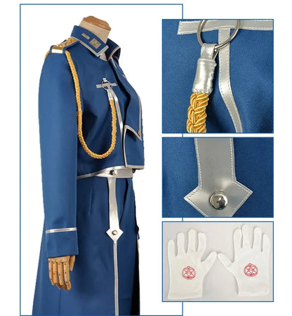 Uniforme militar completo de Roy Mustang con chaqueta, pantalón y delantal. Perfecto para cosplay o eventos.