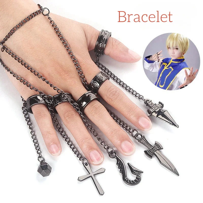 Costume Cosplay Hunter x Hunter de Kurapika Kuruta, comprenant une perruque, des bagues, une chaîne et des boucles d'oreilles. Parfait pour les fêtes d'Halloween et autres événements costumés