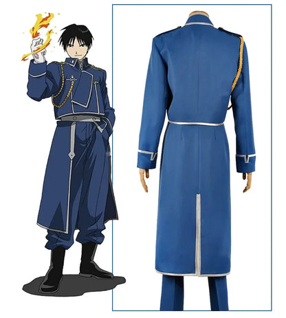 Uniforme militar completo de Roy Mustang con chaqueta, pantalón y delantal. Perfecto para cosplay o eventos.