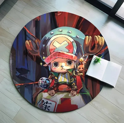 40cm Tapis rond en flanelle One Piece représentant Luffy, Chopper et Zoro. Conçu avec un fond antidérapant, il est parfait pour le salon, la cuisine ou la salle de bain