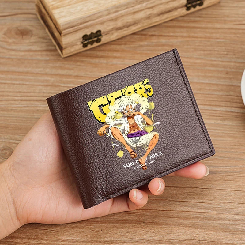 Cartera de piel sintética de una pieza de 12 x 9 cm. Elegante cartera negra y marrón decorada con logotipos de personajes de One Piece, ¡ideal para fans! 