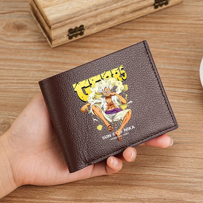 Cartera de piel sintética de una pieza de 12 x 9 cm. Elegante cartera negra y marrón decorada con logotipos de personajes de One Piece, ¡ideal para fans! 