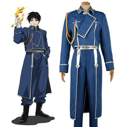 Uniforme militar completo de Roy Mustang con chaqueta, pantalón y delantal. Perfecto para cosplay o eventos.