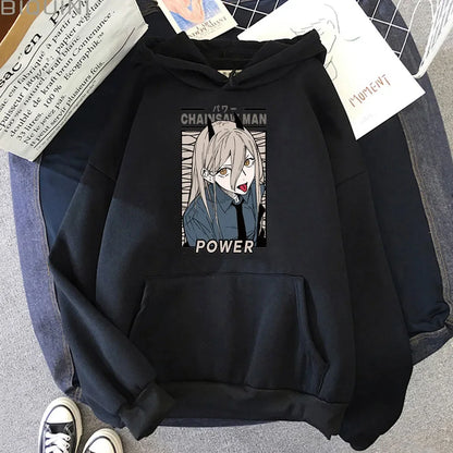Women's Hoodie with Kawaii Print of Chainsaw Man Power. This Harajuku sweatshirt is ideal for fall and offers a casual style. Perfect for anime fans looking for a cozy and trendy garment.