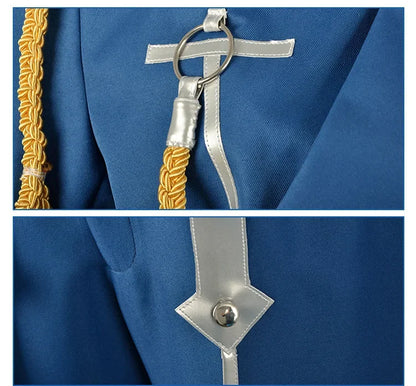 Uniforme militar completo de Roy Mustang con chaqueta, pantalón y delantal. Perfecto para cosplay o eventos.