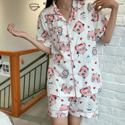 SPY×FAMILY Pajamas | Short sleeve pajama set inspired by Anya Forger. Comfortable and cute, these cartoon-style pajamas are perfect for evenings at home. Ideal as a gift for fans of the anime 