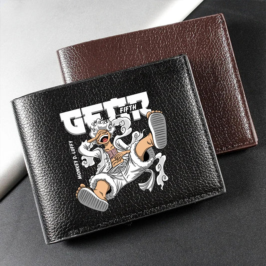 Cartera de piel sintética de una pieza de 12 x 9 cm. Elegante cartera negra y marrón decorada con logotipos de personajes de One Piece, ¡ideal para fans! 