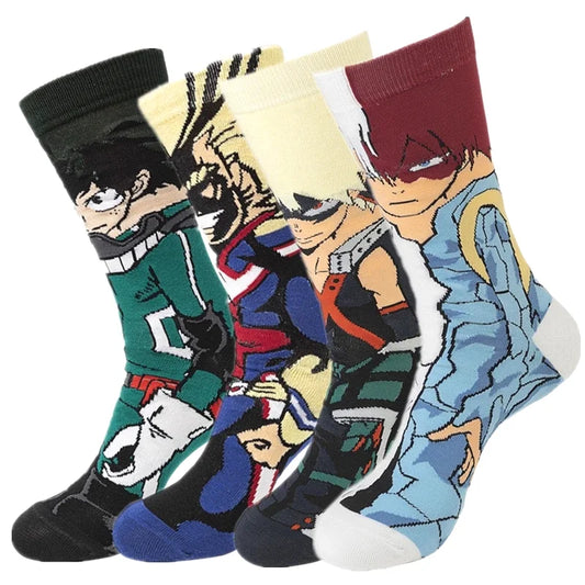 Calcetines unisex inspirados en los personajes Izuku Midoriya, All Might, Bakugo Katsuki y Todoroki Shoto de My Hero Academia. ¡Un regalo perfecto para los fans!