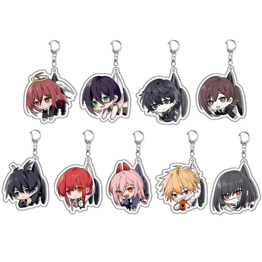 Pendentif représentant des personnages de l'anime Chainsaw Man, idéal pour décorer sacs et clés. Parfait comme cadeau de cosplay ou pour les fans. Un accessoire pratique et stylé à offrir ou à collectionner