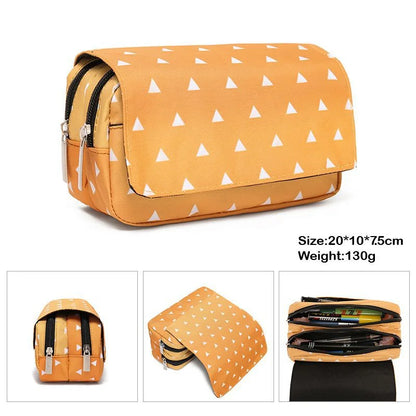 Demon Slayer canvas pencil case with double zipper, inspired by the Kimetsu No Yaiba universe. It offers a large storage space for pens, pencils, and other supplies, while adding a kawaii touch to your daily life. 