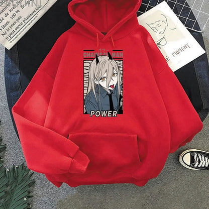 Women's Hoodie with Kawaii Print of Chainsaw Man Power. This Harajuku sweatshirt is ideal for fall and offers a casual style. Perfect for anime fans looking for a cozy and trendy garment.