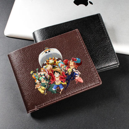 Cartera de piel sintética de una pieza de 12 x 9 cm. Elegante cartera negra y marrón decorada con logotipos de personajes de One Piece, ¡ideal para fans! 