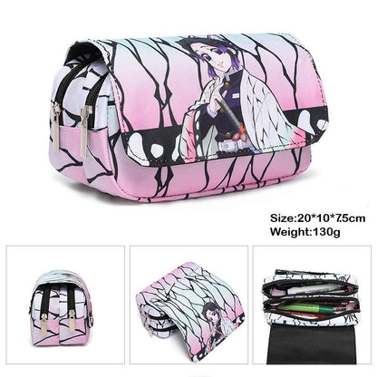 Demon Slayer canvas pencil case with double zipper, inspired by the Kimetsu No Yaiba universe. It offers a large storage space for pens, pencils, and other supplies, while adding a kawaii touch to your daily life. 