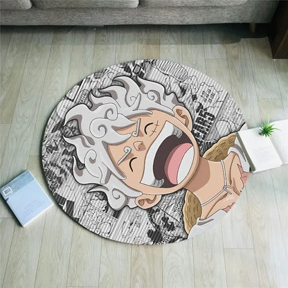 40cm Tapis rond en flanelle One Piece représentant Luffy, Chopper et Zoro. Conçu avec un fond antidérapant, il est parfait pour le salon, la cuisine ou la salle de bain