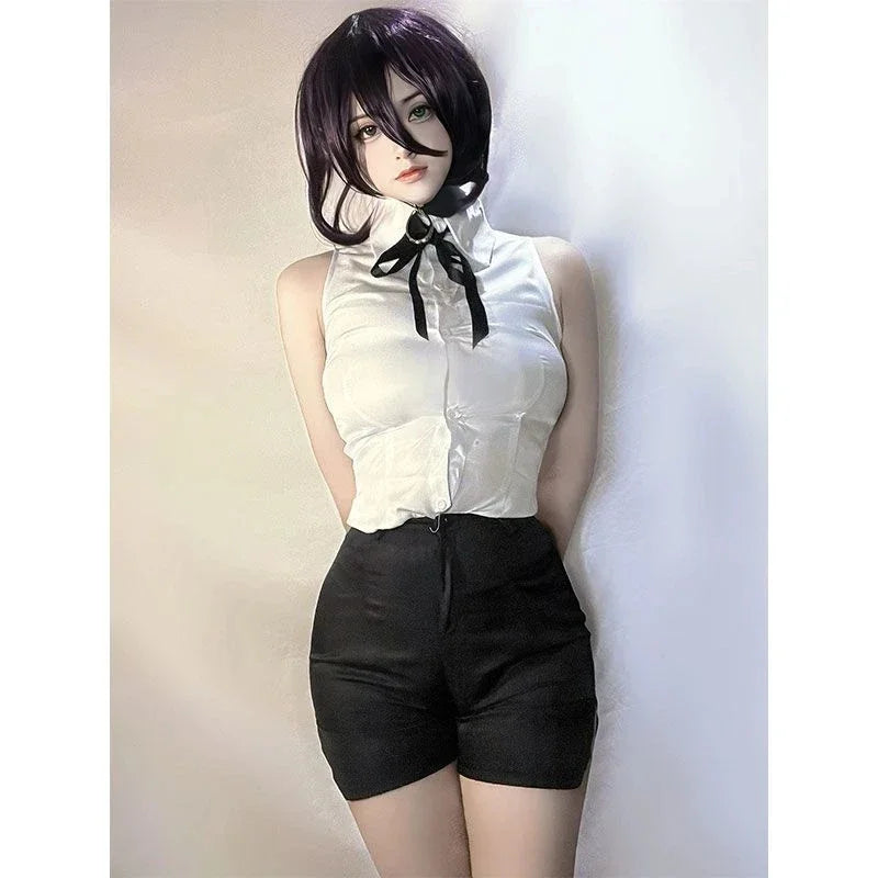Cosplay Chainsaw Man | Tenue complète de cosplay inspirée de Reze, comprenant une chemise, une cravate courte et une perruque. Parfait pour Halloween, événements cosplay ou fans de l'anime. Style fidèle et détaillé pour une immersion totale