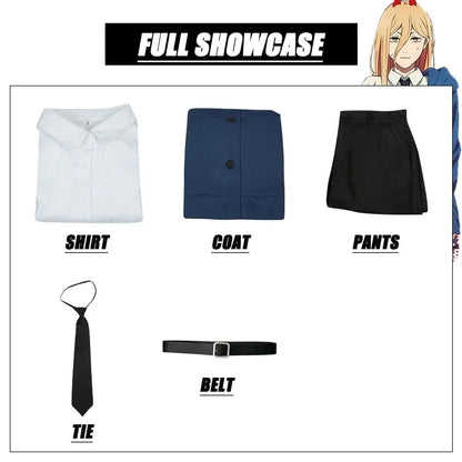 Costume Cosplay Power - Chainsaw Man | Comprend une perruque, une veste bleue, un pantalon, et des cornes pour recréer le look iconique de Power. Parfait pour Halloween, cosplay, ou événements thématiques pour femmes et filles fans de l'anime
