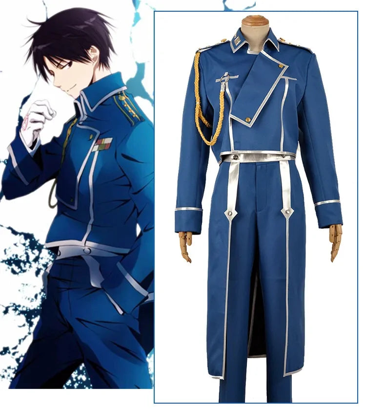 Uniforme militar completo de Roy Mustang con chaqueta, pantalón y delantal. Perfecto para cosplay o eventos.