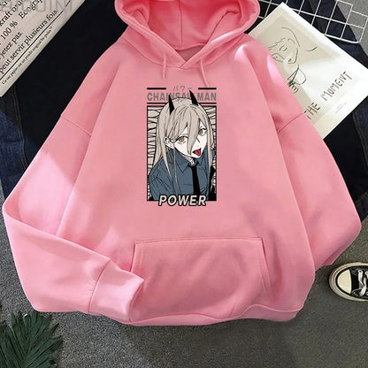 Women's Hoodie with Kawaii Print of Chainsaw Man Power. This Harajuku sweatshirt is ideal for fall and offers a casual style. Perfect for anime fans looking for a cozy and trendy garment.