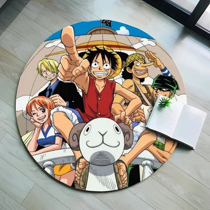40cm Tapis rond en flanelle One Piece représentant Luffy, Chopper et Zoro. Conçu avec un fond antidérapant, il est parfait pour le salon, la cuisine ou la salle de bain
