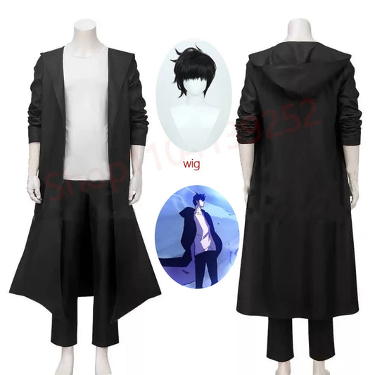 Solo Leveling - Jinwoo Sung Cosplay Costume | Wig and long black coat inspired by Arise From The Shadow Hunter. Perfect for anime fans and cosplay events