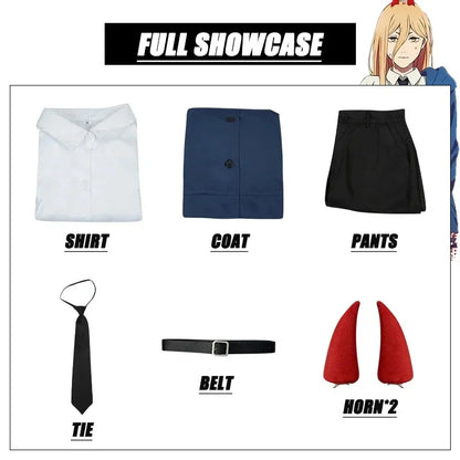Costume Cosplay Power - Chainsaw Man | Comprend une perruque, une veste bleue, un pantalon, et des cornes pour recréer le look iconique de Power. Parfait pour Halloween, cosplay, ou événements thématiques pour femmes et filles fans de l'anime