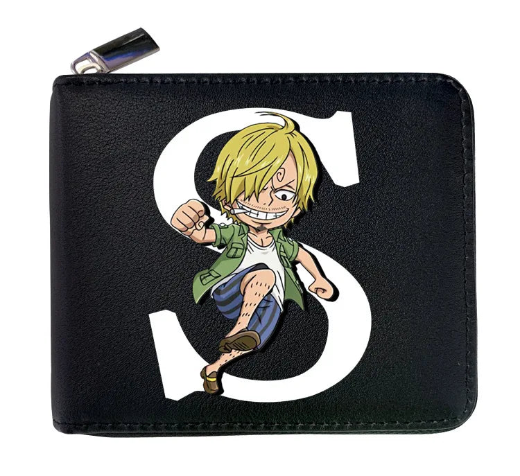 Cartera de cuero con cremallera de una pieza de 12 * 10 cm. Esta billetera de cuero presenta las iniciales de personajes icónicos de One Piece, combinando estilo y funcionalidad. 