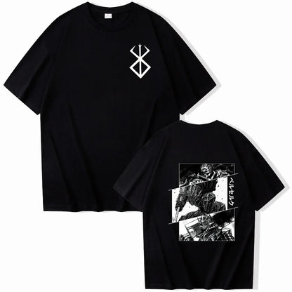 Cotton T-shirt, with a Berserk print. Available in oversized size, this model is perfect for fans of the anime. Comfortable and trendy, it can be worn as casual clothing or to show your love for Berserk