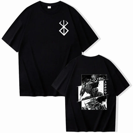 Camiseta de algodón, con estampado Berserk. Disponible en tamaño extragrande, este modelo es perfecto para los fans del anime. Cómodo y a la moda, puedes usarlo como ropa informal o para mostrar tu amor por Berserk.