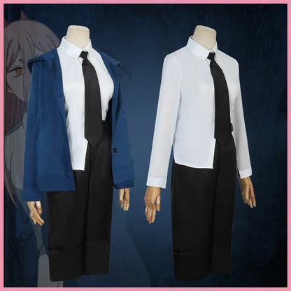 Costume Cosplay Power - Chainsaw Man | Comprend une perruque, une veste bleue, un pantalon, et des cornes pour recréer le look iconique de Power. Parfait pour Halloween, cosplay, ou événements thématiques pour femmes et filles fans de l'anime