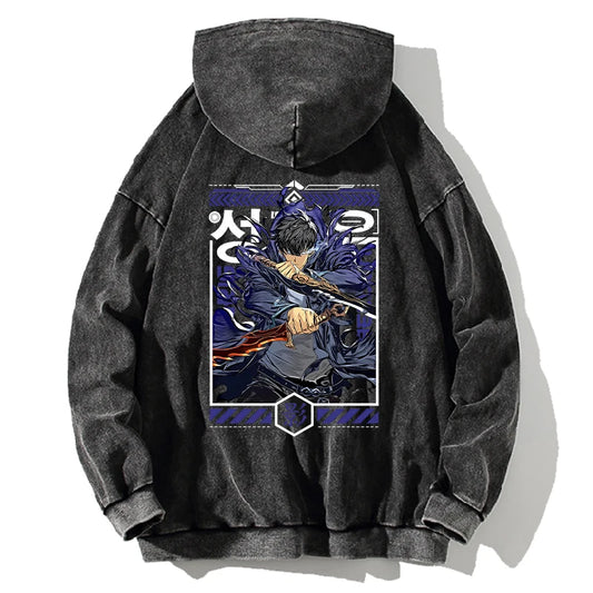 Vintage washed hoodie inspired by Solo Leveling, a must-have for fans of the manga. With its oversized design and streetwear style. Comfortable and stylish, it is perfect for men and women who want to show their love for the anime