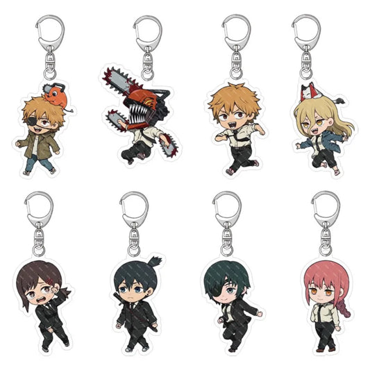 Double-sided acrylic keychain with Chainsaw Man character illustrations. Perfect accessory for fans, ideal as a bag pendant or keychain. Fashionable and practical design, perfect for gift or collection.