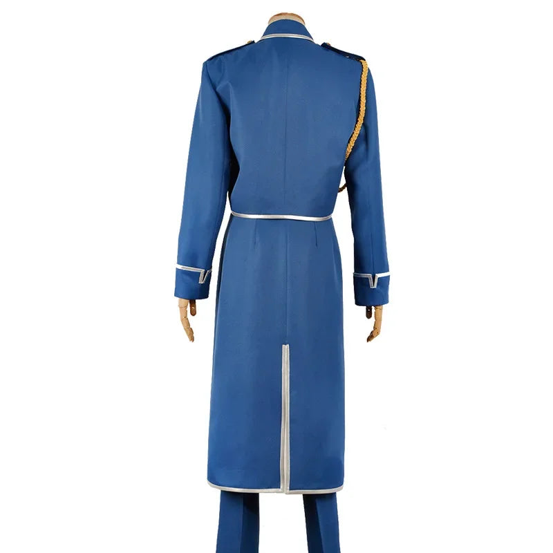Uniforme militar completo de Roy Mustang con chaqueta, pantalón y delantal. Perfecto para cosplay o eventos.