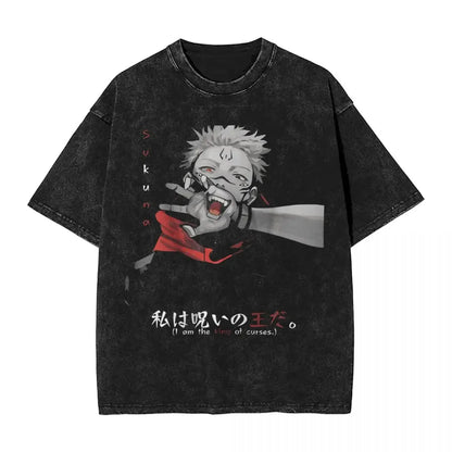 Jujutsu Kaisen washed cotton t-shirt, inspired by Harajuku style. This retro and unisex top is perfect for anime fans and to add a unique touch to your clothing style. 