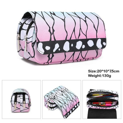 Demon Slayer canvas pencil case with double zipper, inspired by the Kimetsu No Yaiba universe. It offers a large storage space for pens, pencils, and other supplies, while adding a kawaii touch to your daily life. 