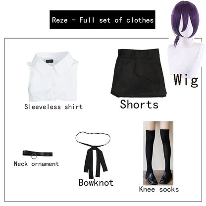 Cosplay Chainsaw Man | Tenue complète de cosplay inspirée de Reze, comprenant une chemise, une cravate courte et une perruque. Parfait pour Halloween, événements cosplay ou fans de l'anime. Style fidèle et détaillé pour une immersion totale